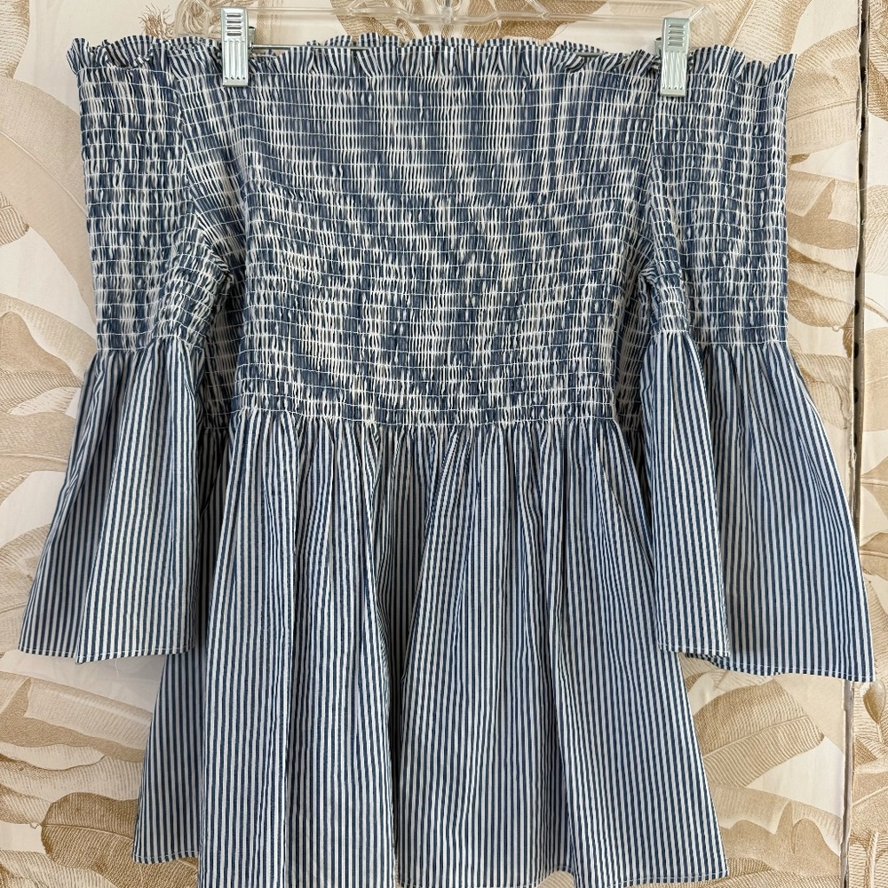 White and Blue, off shoulder top, smoked chest and waist, body flattering Medium - Picture 3 of 4